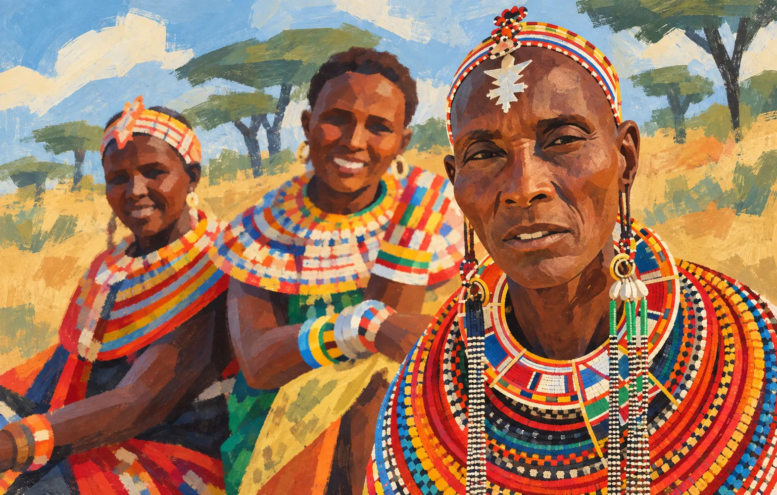 Geleneksel boncuk takılarıyla üç Afrikalı kadın