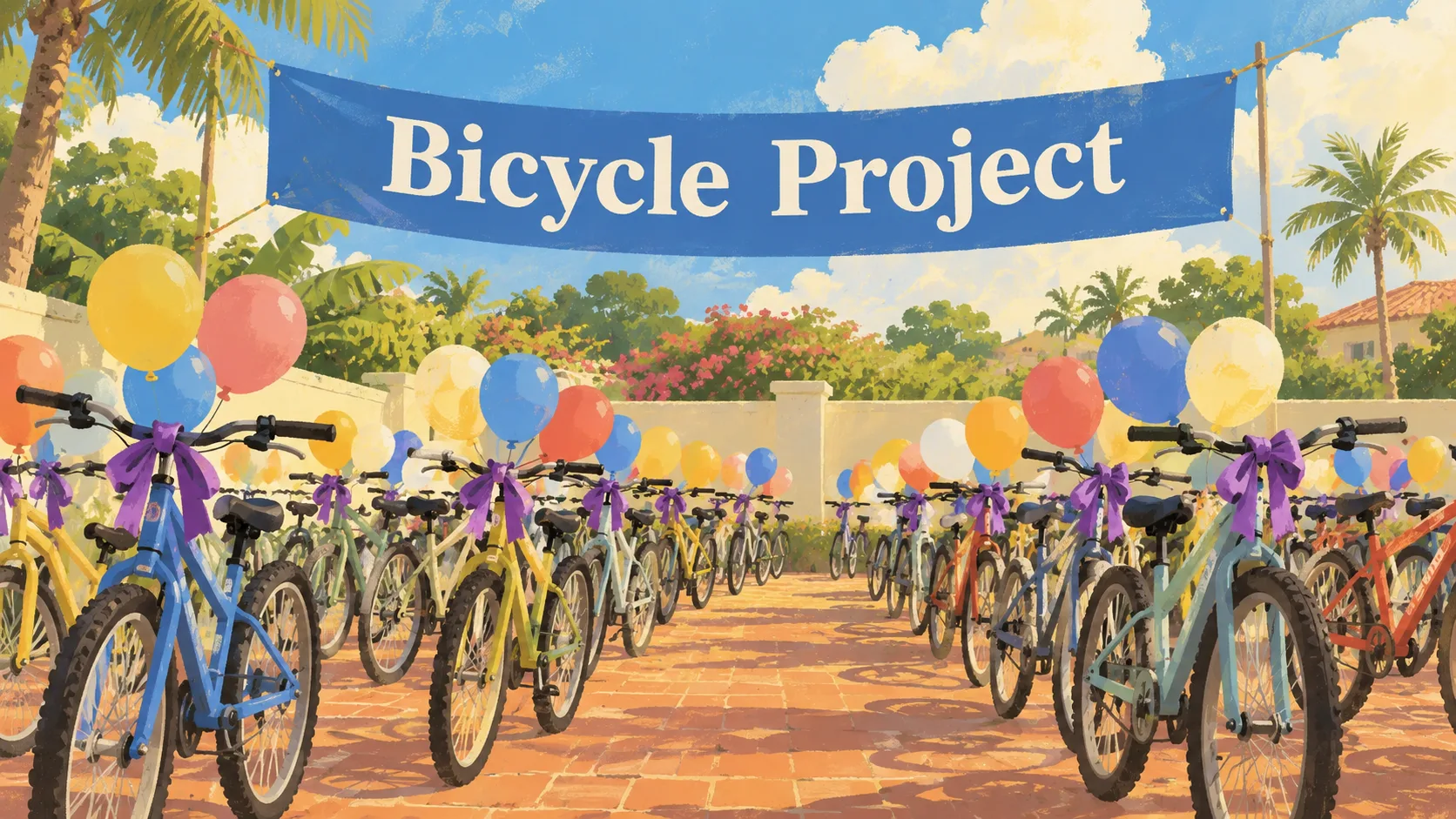 Kurdeleyle süslenmiş bisikletler ve Bicycle Project pankartı